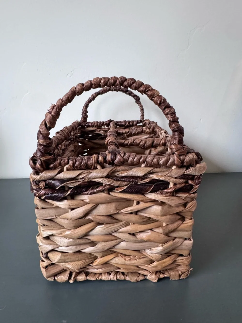 Handwoven Brown Two-Tone Wicker Storage Basket with Handles